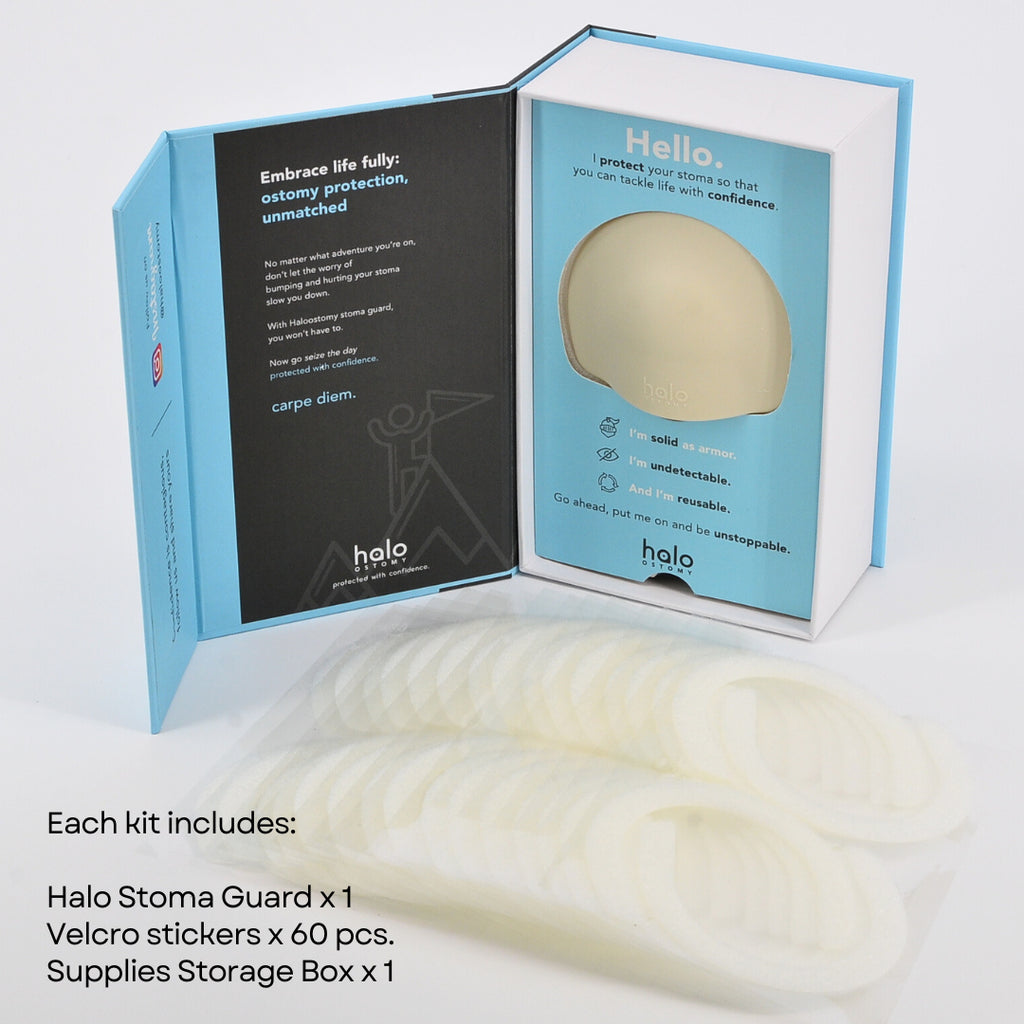 Halo stoma guard worn over an ostomy pouch for protection from bumps and seat belts